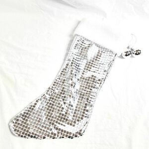 Silver Sequin Christmas Stocking White Faux Fur Top